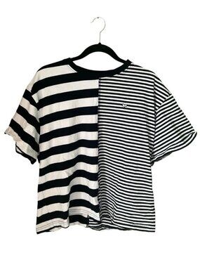 Peau De Loup Black White Split Stripe Tee Minimalist Boxy Top Size 10–12